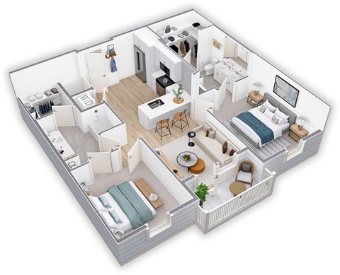 3d floor plan of a house with a bedroom and a living room